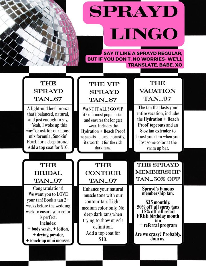 Sprayd Lingo menu page with six tan cards and prices